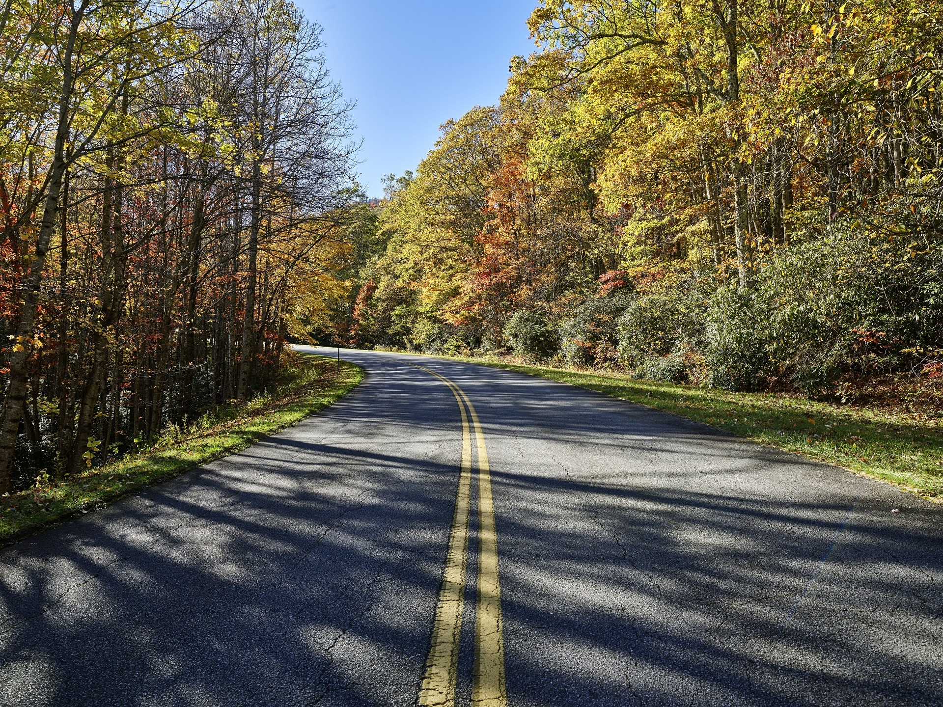 The road curves on the Blue Ridge Parkway, near Foscoe, North Carolina 