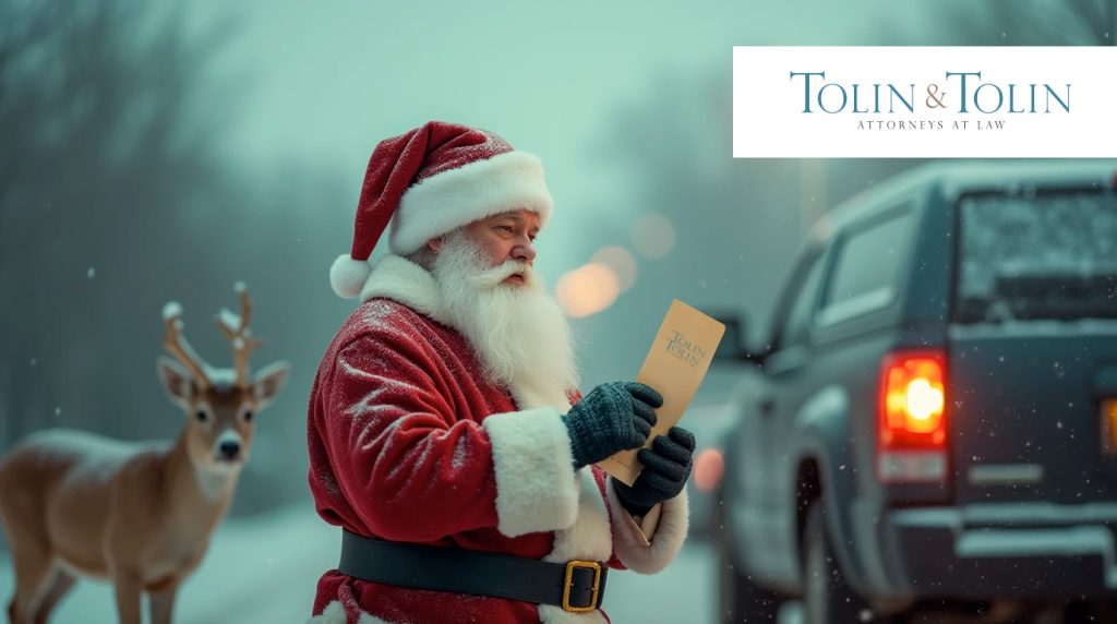 Santa Claus reading a Tolin & Tolin brochure while outside his truck.